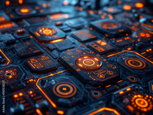 Futuristic digital circuit with neon glow featuring abstract patterns and advanced technology components photo