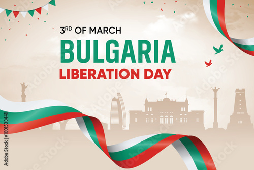 Bulgaria Flag Waving On Skyline Background. Liberation Day Concept Design Vector Illustration.