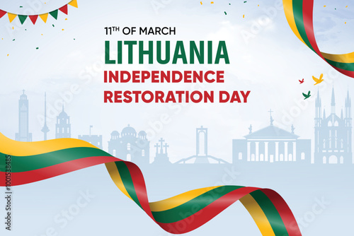 Lithuania Flag Waving On Skyline Background. Independence Restoration Day Concept Design Vector Illustration.