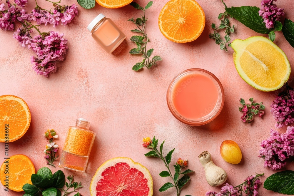 A vibrant flat lay featuring fresh citrus fruits, flowers, and beauty products on a pastel pink background, ideal for advertising organic skincare, wellness blogs, or summer promotions A vibrant flat lay featuring fresh citrus fruits, flowers, and beauty products on a pastel pink background, ideal for advertising organic skincare, wellness blogs, or summer promotions