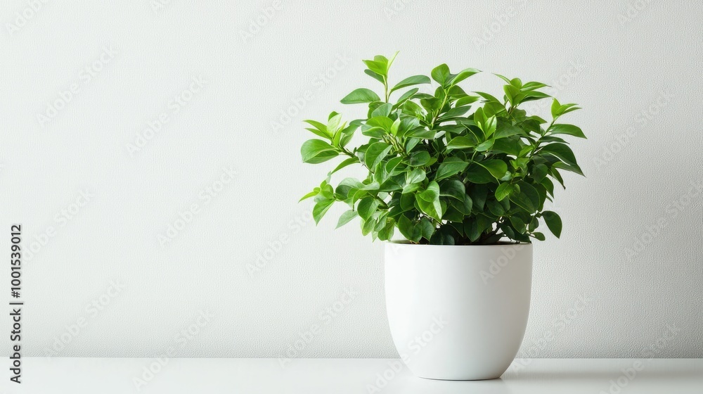 Obraz premium A vibrant green plant in a modern white flowerpot with a clean, light-colored background, highlighting sophistication