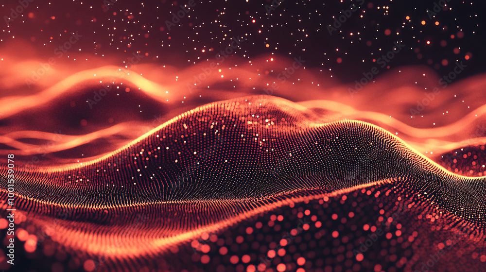 Abstract red particles wave is forming cyber technology terrain on dark background Abstract red particles wave is forming cyber technology terrain on dark background