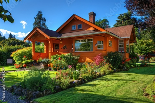 Bright Craftsman home painted in sunny orange, surrounded by a well-kept lawn and garden.