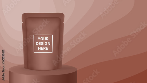 Pouch mockup on a brown podium or pedestal. Wavy pattern and gradient shades, dynamic curve shape. Vector illustration with editable colors. Product display. Foil bag, plastic sachet	
