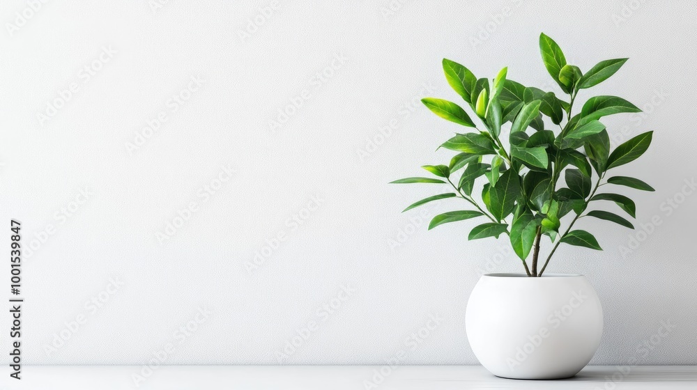 A vibrant green plant in a white flowerpot against a clean, minimalist background, highlighting freshness and simplicity A vibrant green plant in a white flowerpot against a clean, minimalist background, highlighting freshness and simplicity