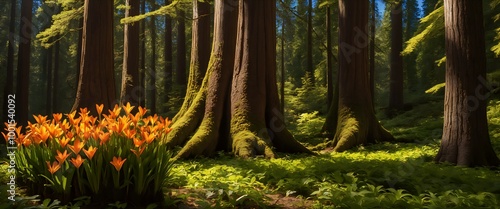 vibrant orange blooms amidst towering evergreen trees in a lush forest landscape