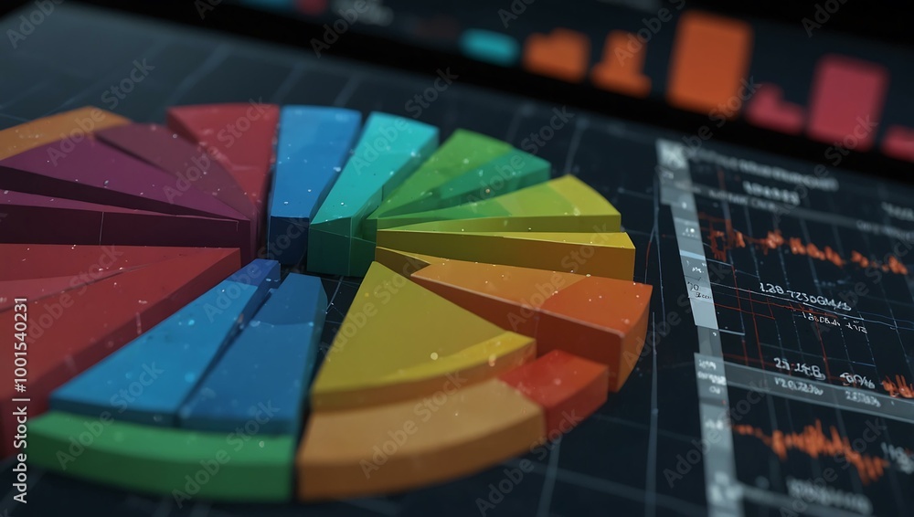 Close-up of a 3D pie chart on a digital screen with highlighted segments. Close-up of a 3D pie chart on a digital screen with highlighted segments.