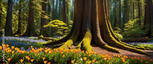vibrant spring forest with tall trees and colorful wildflowers