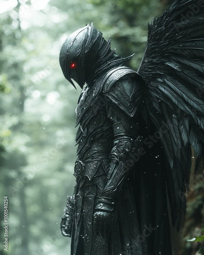 male fae in dark armor stands watch in a misty forest, his single red eye glowing