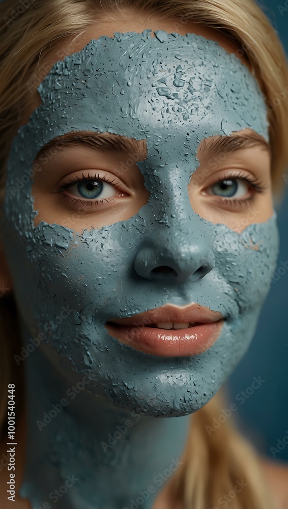 Close-up of a blonde woman smiling with a blue clay mask. Close-up of a blonde woman smiling with a blue clay mask.