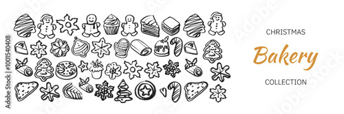 Isolated vector set of Christmas Bakery. Hand drawn and chalked cookies, barolls, pies, cakes, pastries, croissants, panettone, strudel. Vintage template with pastries sketch. Fresh bakery. Shop.