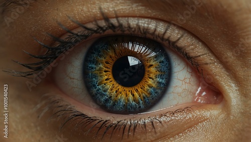 Close-up of a blinking eye with detailed iris patterns and a futuristic overlay.