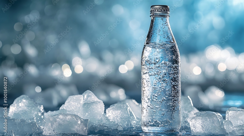 A glass bottle with cold natural drinking water stands on an ice podium against a background of transparent blocks of ice Advertising and branding of drinking fresh water : Generative AI A glass bottle with cold natural drinking water stands on an ice podium against a background of transparent blocks of ice Advertising and branding of drinking fresh water : Generative AI