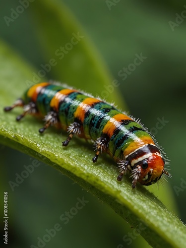 Close-up of a colorful caterpillar on a green leaf.