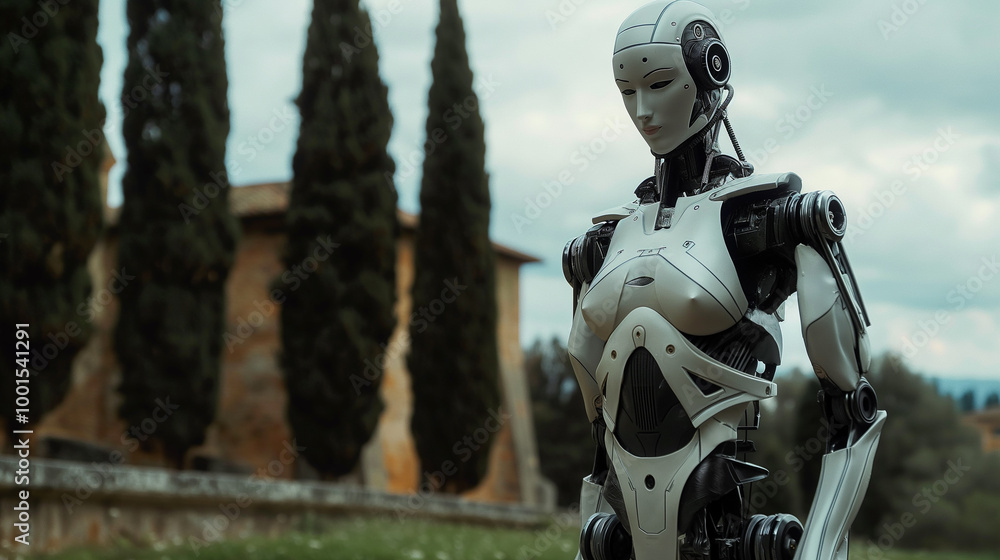 Android robot standing outdoors in nature with trees and architecture showcasing advanced technology Android robot standing outdoors in nature with trees and architecture showcasing advanced technology