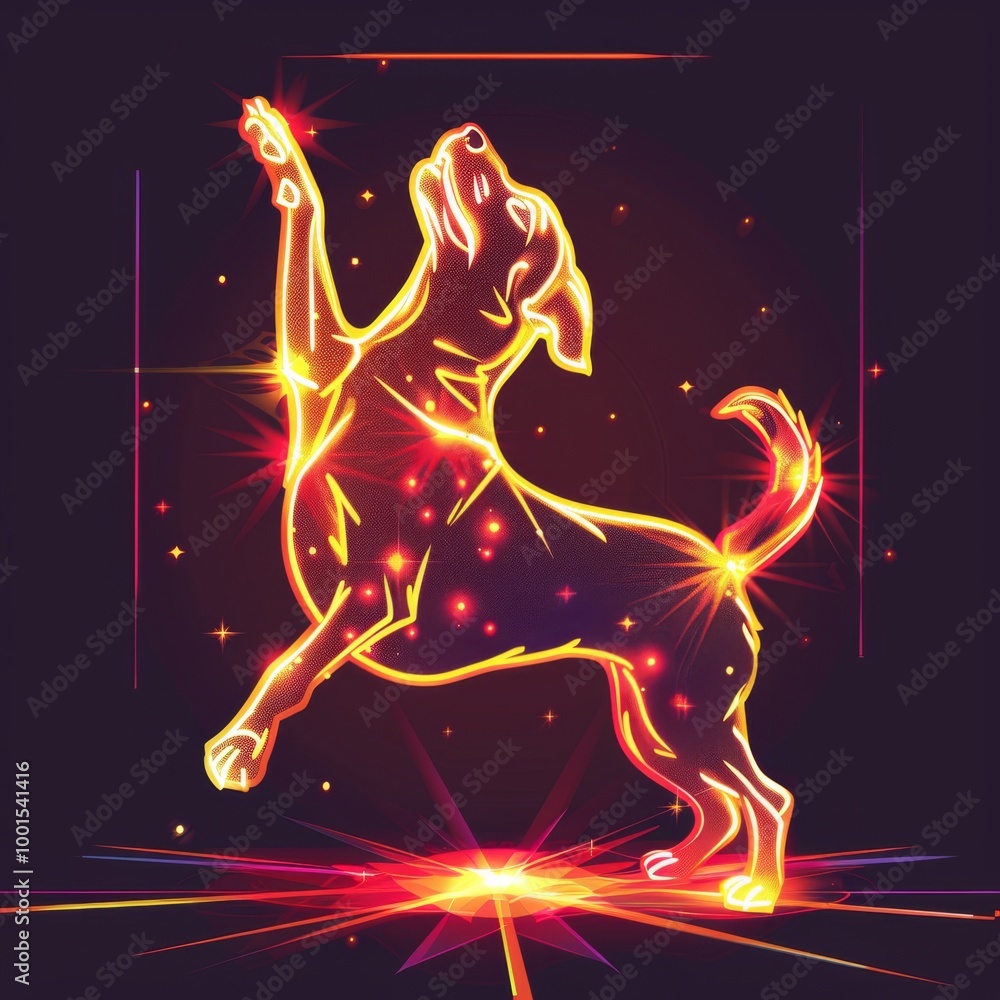 A dog is jumping in the air with a glowing red paw A dog is jumping in the air with a glowing red paw