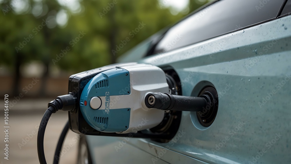 Close-up of a fuel cell car with hydrogen nozzle connected. Close-up of a fuel cell car with hydrogen nozzle connected.