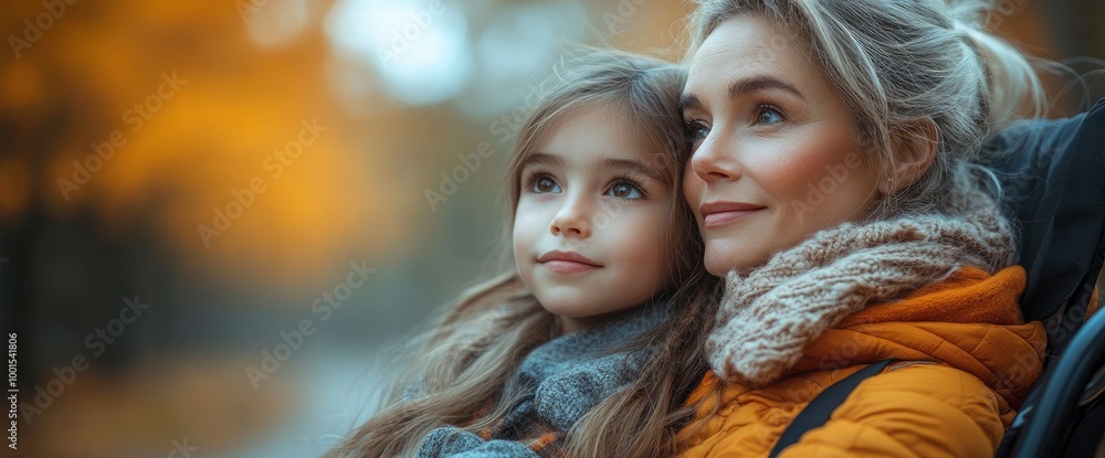 Obraz premium Mother and Daughter Looking into the Distance in Autumn