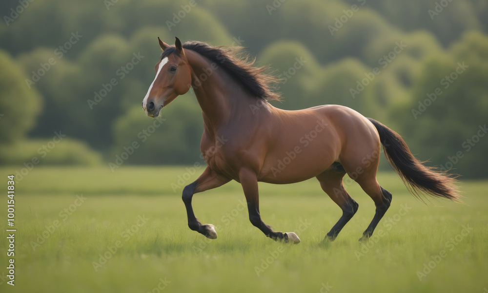 Obraz premium A brown horse runs through a grassy field on a sunny day