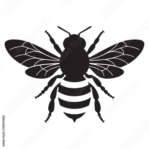 Vector illustration of a black bee icon in a silhouettes style. Honey Bee icon, honey bee isolated on white background. 