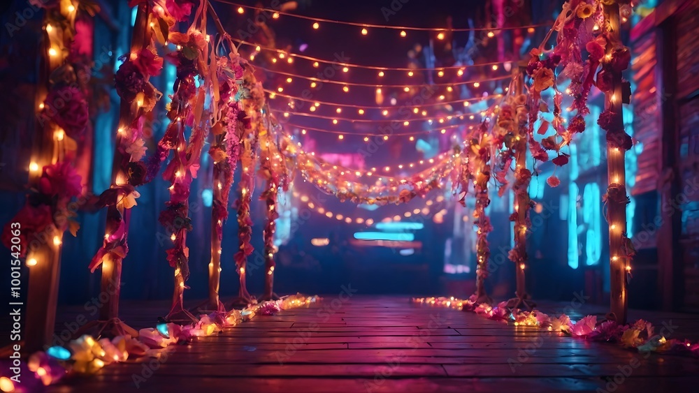 Fototapeta premium Enchanting Illuminated Pathway Adorned With Flowers and Lights in a Vibrant Urban Setting at Night