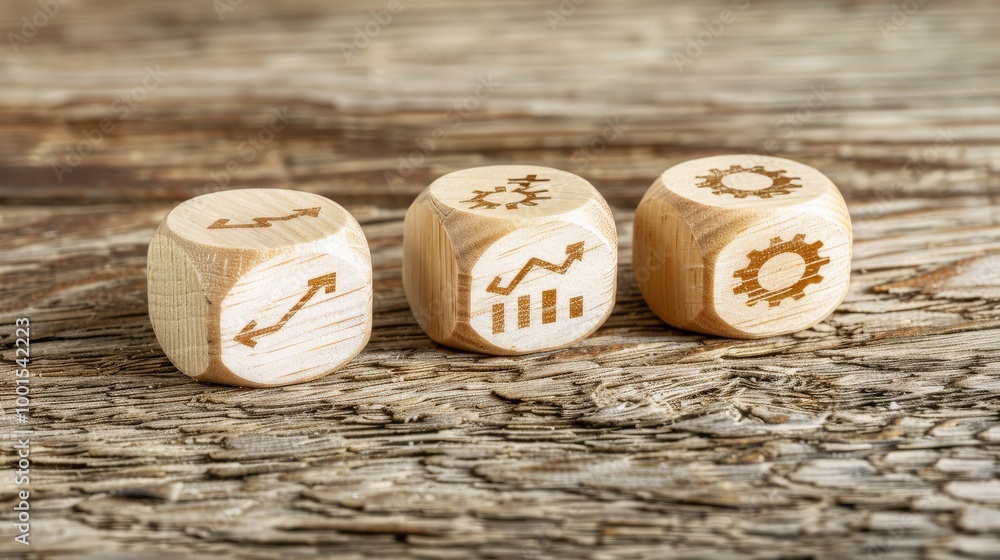Three wooden cubes with business icons, including arrows, gears, bar charts, represent business growth, financial success, and strategy, progress through planning and process. Three wooden cubes with business icons, including arrows, gears, bar charts, represent business growth, financial success, and strategy, progress through planning and process.