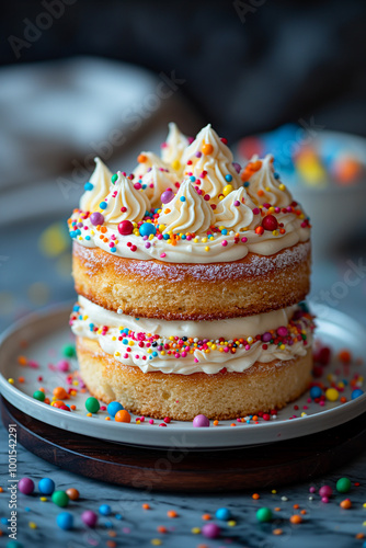 A colorful layered cake with frosting, sprinkles, and sweet homemade touches for a celebration