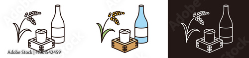 日本酒と稲のイラスト。日本文化のベクターアイコン。シンプルなデザイン。