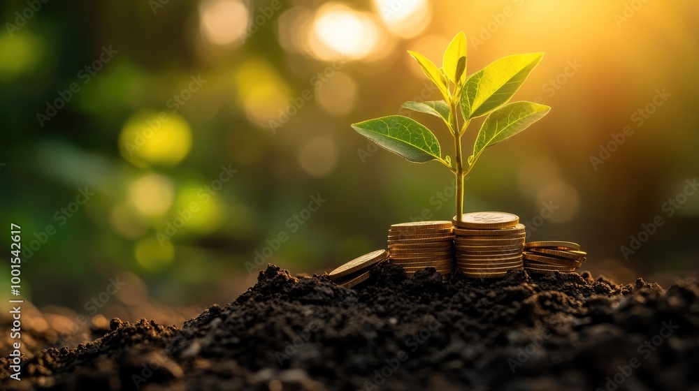 custom made wallpaper toronto digitalA young green plant growing from a stack of coins, emphasizing financial growth and savings