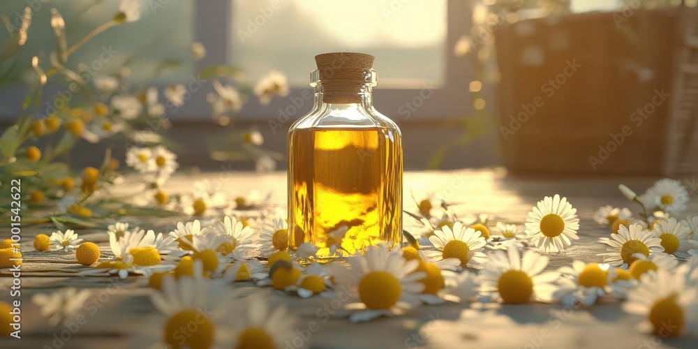Serene Chamomile Scene with Flowers and Bottle Serene Chamomile Scene with Flowers and Bottle