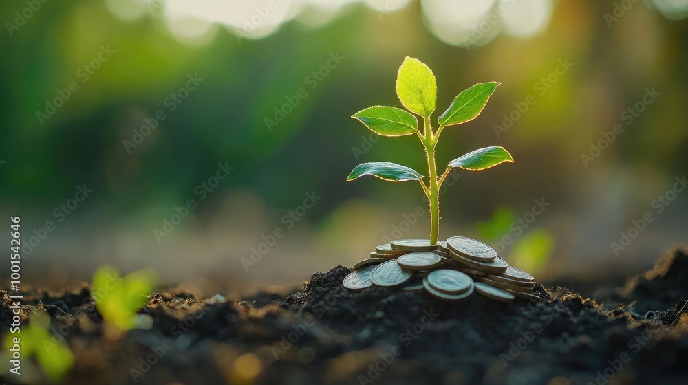A young green plant growing from a stack of coins, emphasizing financial growth and savings A young green plant growing from a stack of coins, emphasizing financial growth and savings