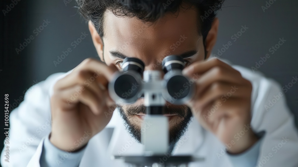 Researcher looking through a polarimeter, optical activity, stereochemistry analysis Researcher looking through a polarimeter, optical activity, stereochemistry analysis