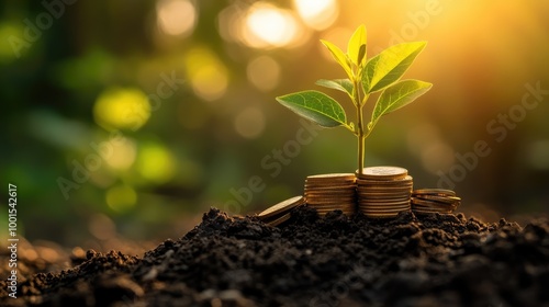 Wallpaper Mural A young green plant growing from a stack of coins, emphasizing financial growth and savings Torontodigital.ca