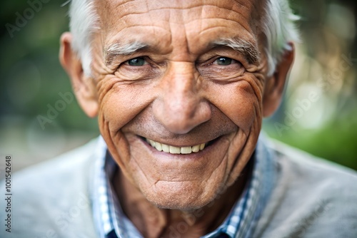 Closeup portrait of a happy and smiling elderly man, showcasing his joy and positive expression. Perfect for promoting senior health, happiness, and elderly lifestyle content.