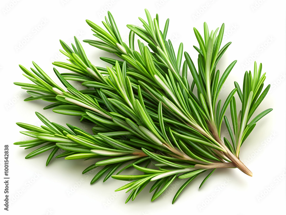 A bunch of fresh green herbs, including rosemary, are displayed on a white background. The herbs are arranged in a way that they look like they are growing out of the ground A bunch of fresh green herbs, including rosemary, are displayed on a white background. The herbs are arranged in a way that they look like they are growing out of the ground