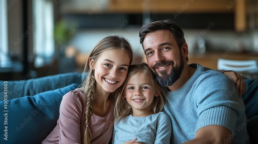 Obraz premium Happy couple of young parents and little daughter kid sitting and relaxing on sofa resting on comfortable couch in modern cozy home interior talking laughing smiling Full length wide s : Generative AI