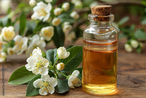 Wallpaper Mural Jasmine essential oil bottle with fresh flowers for aromatherapy and skincare on a wooden table Torontodigital.ca