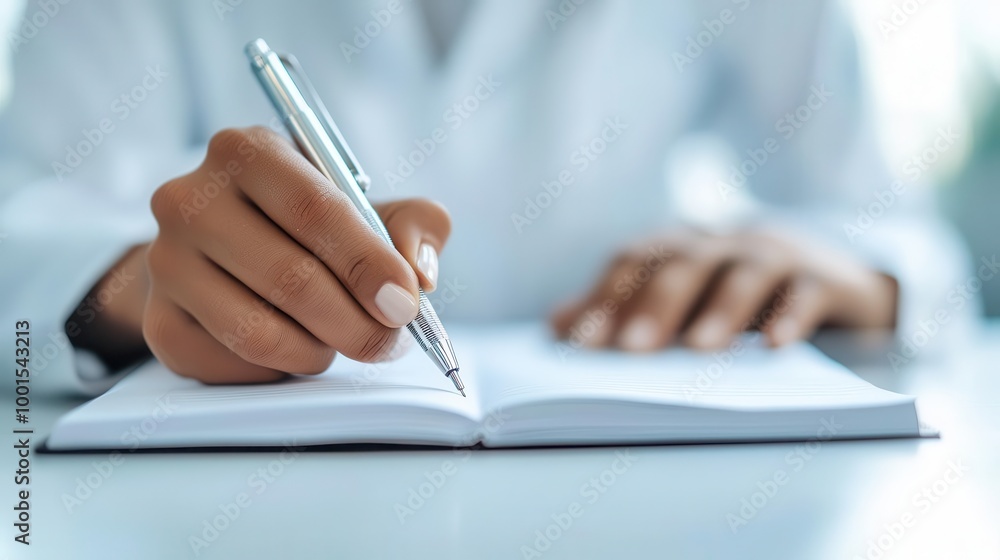 Fototapeta premium Chemist using a lab notebook to document results, scientific record-keeping, research methodology