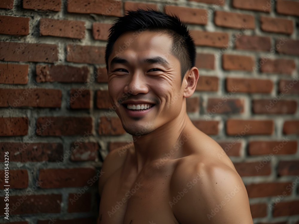 Close-up of a shirtless muscular Asian man smiling against a brick wall. Close-up of a shirtless muscular Asian man smiling against a brick wall.