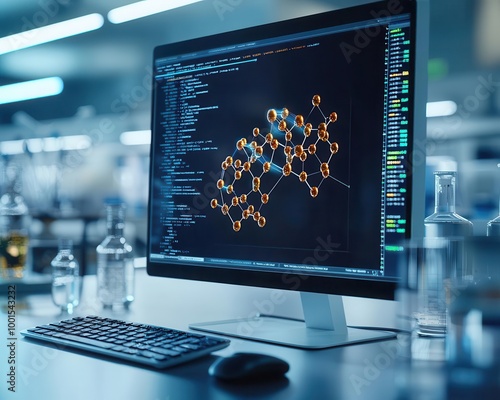 Lab with molecular docking simulation software on screen, computational chemistry, drug discovery