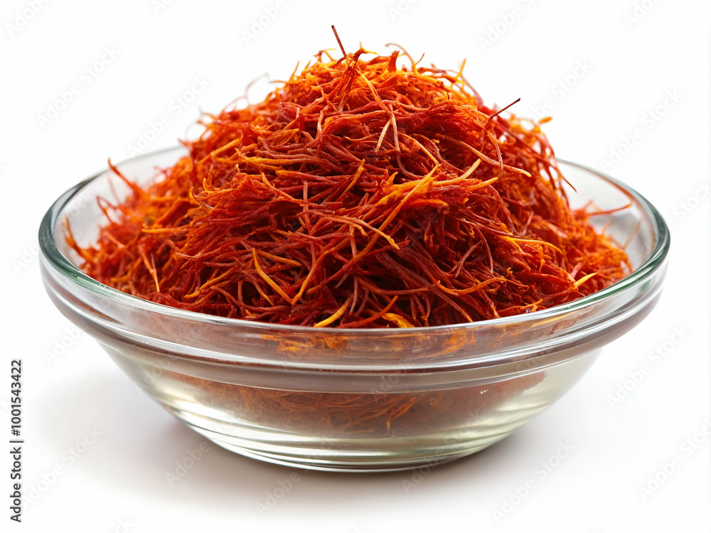 Fototapeta premium A bowl of red spice is on a white background. The spice is in a glass bowl and is piled up
