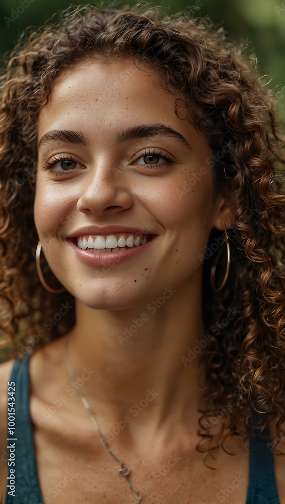 Close-up of a smiling woman with curly hair using earbuds outdoors. Close-up of a smiling woman with curly hair using earbuds outdoors.