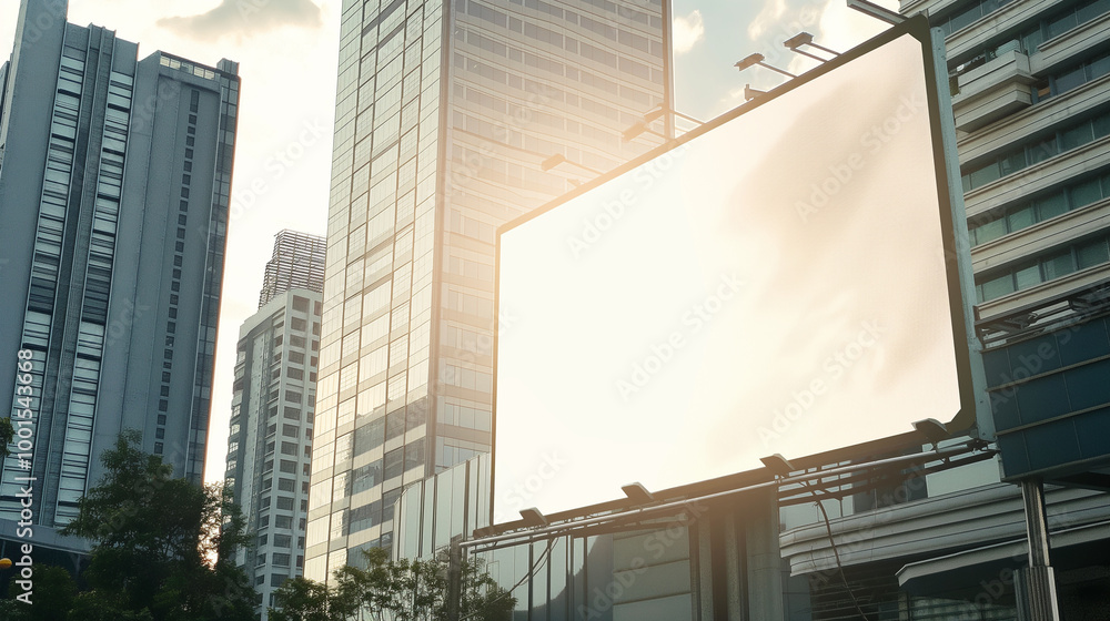 Empty billboard for commercial advertisement in urban city skyline with sunlight and skyscrapers Empty billboard for commercial advertisement in urban city skyline with sunlight and skyscrapers
