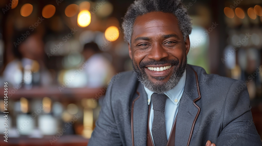 Smiling happy businessman portrait in a suit at a restaurant with gray hair, urban atmosphere Smiling happy businessman portrait in a suit at a restaurant with gray hair, urban atmosphere