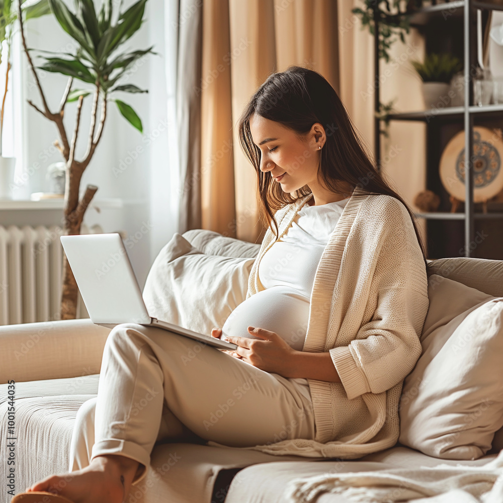 Pregnant woman sitting on couch with laptop at home, smile on her face with plant in the room Pregnant woman sitting on couch with laptop at home, smile on her face with plant in the room