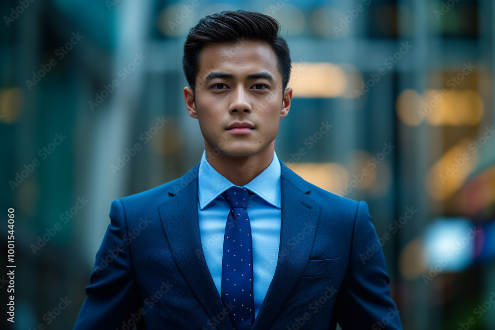Confident young businessman in a blue suit standing in an urban setting looking professional and serious Confident young businessman in a blue suit standing in an urban setting looking professional and serious