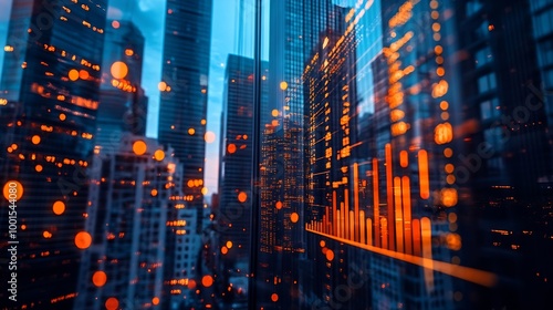 Skyscrapers Cityscape Downtown View New York Skyline Buildings Beautiful Real Estate Day time Forex Financial graph and chart hologram Business education concept : Generative AI