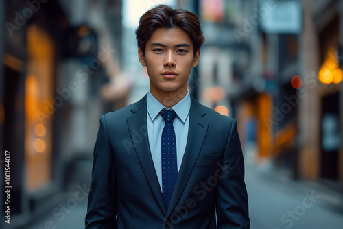 Confident young businessman wearing a suit in an urban city street setting, portrait of professional male