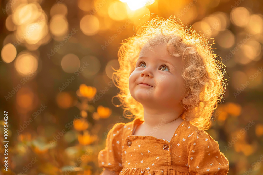 Smiling child with curly hair in sunset outdoors, surrounded by nature and sunshine, glowing happily Smiling child with curly hair in sunset outdoors, surrounded by nature and sunshine, glowing happily