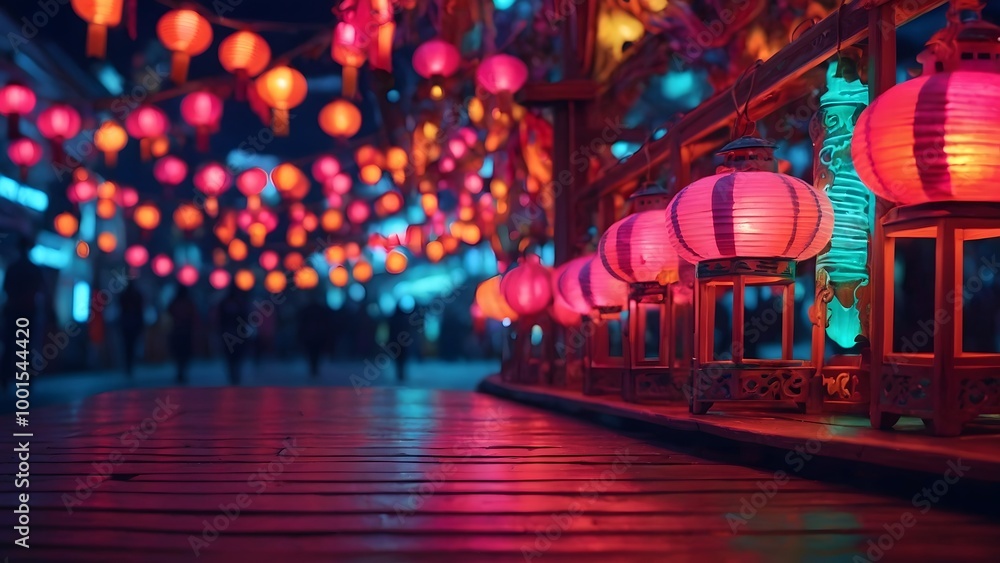 Brightly Lit Lanterns Adorn a Vibrant Street During an Evening Festival in a Busy Market Brightly Lit Lanterns Adorn a Vibrant Street During an Evening Festival in a Busy Market